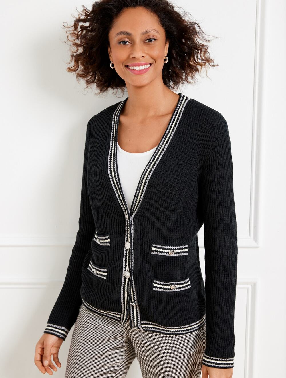 Talbots Womens M Black White Cotton Knit Cardigan Striped Trim Preppy Nautical